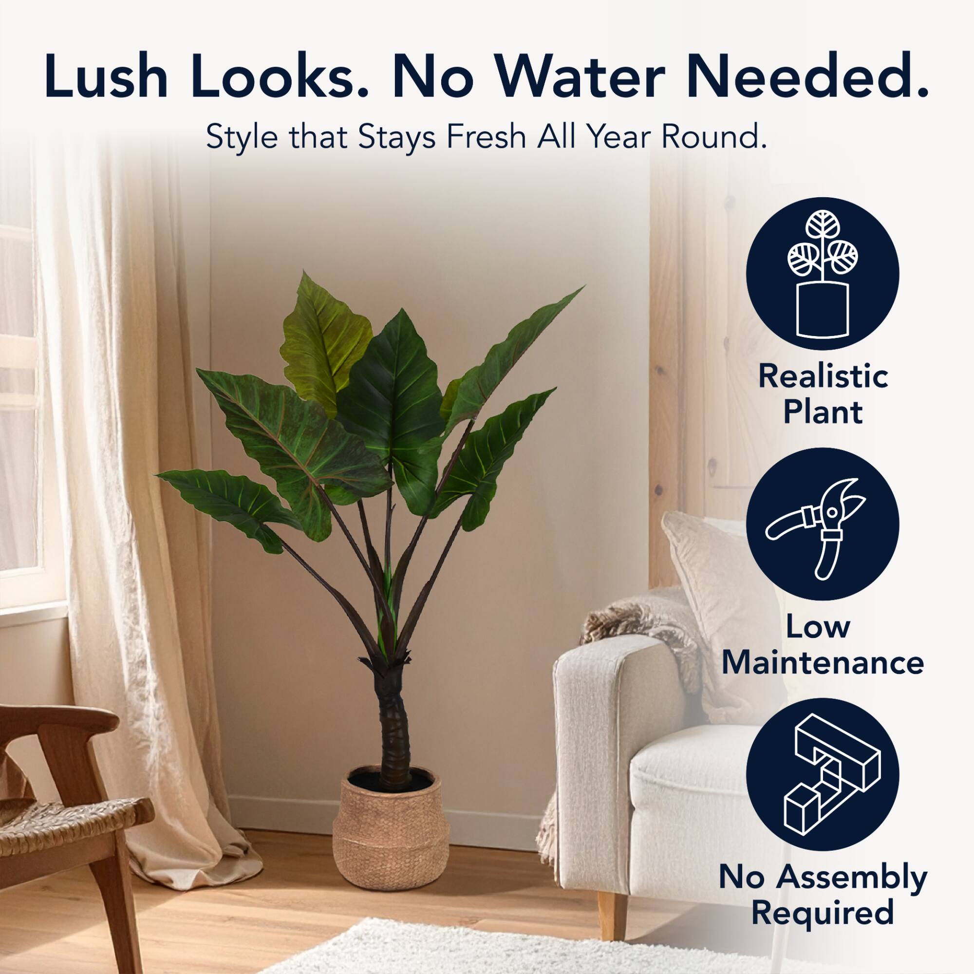American Art Decor 4ft Artificial Rainbow Taro Tree in Cement Pot Faux Plant